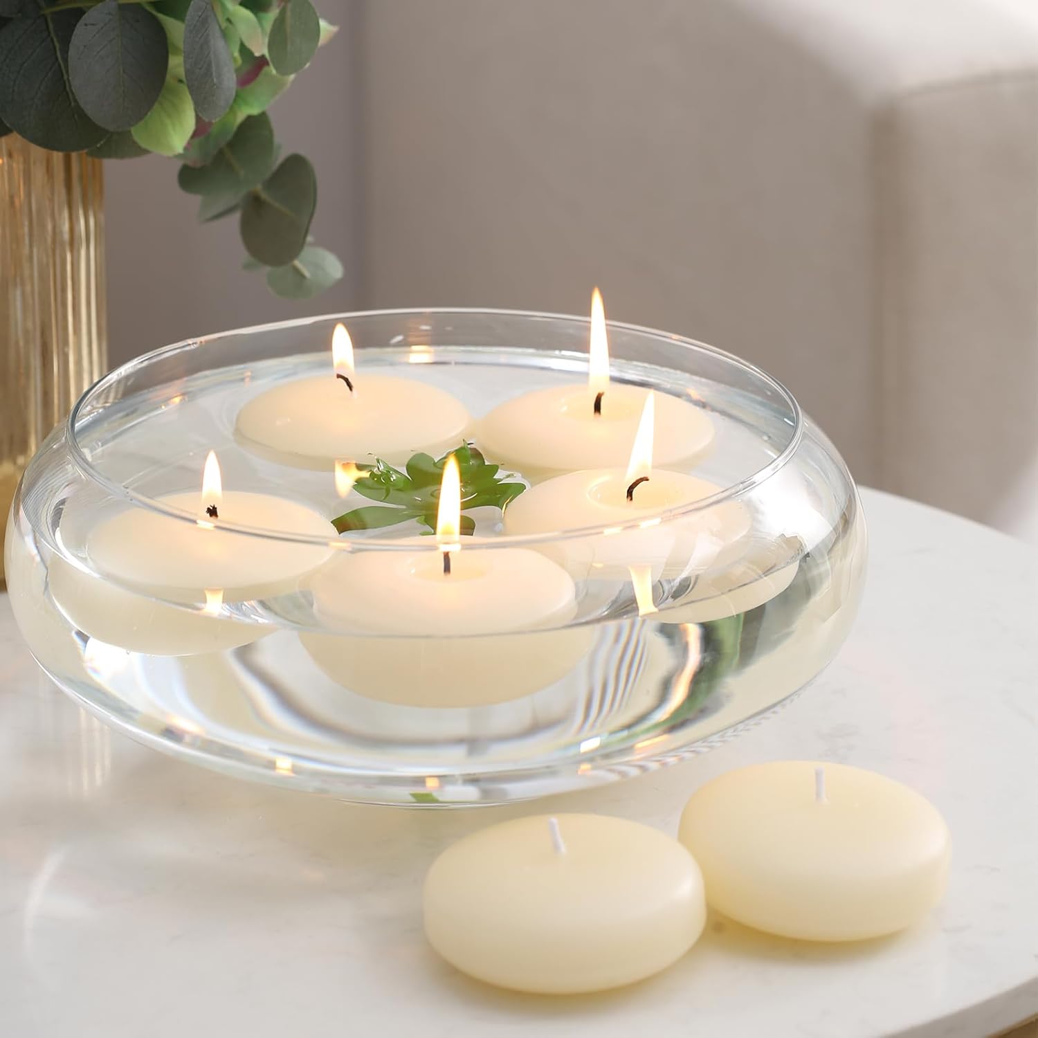 qinxiang 12 Pack Floating Candles, 3” Ivory Unscented Dripless Wax Burning Candles, for Cylinder Vases, Weddings, Party and Holiday