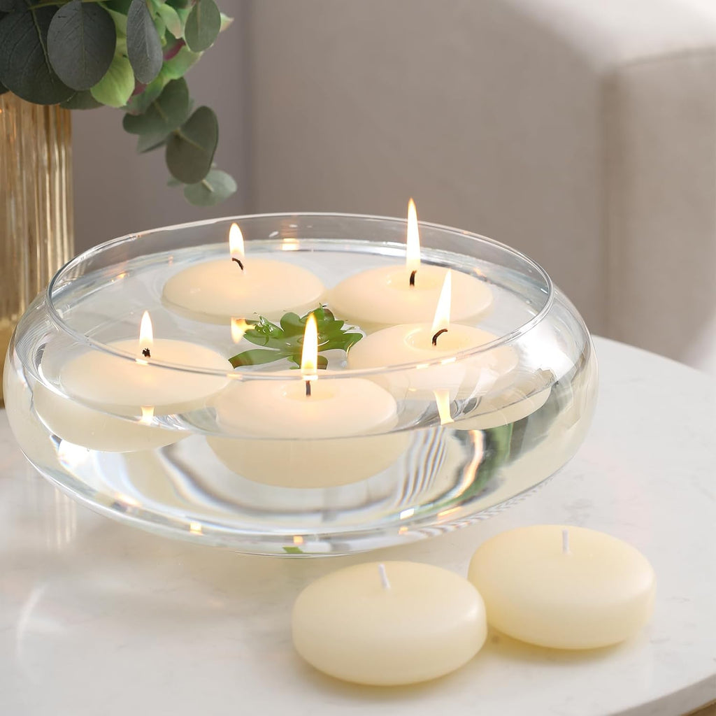 36 Pack Floating Candles, 3” Ivory Unscented Dripless Wax Burning Candles, for Weddings, Party, Cylinder Vases, and Home Decorations