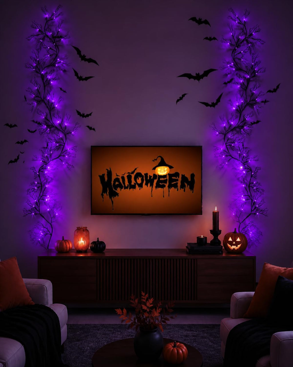 9 ft halloween twig garland decoration with 45, side view