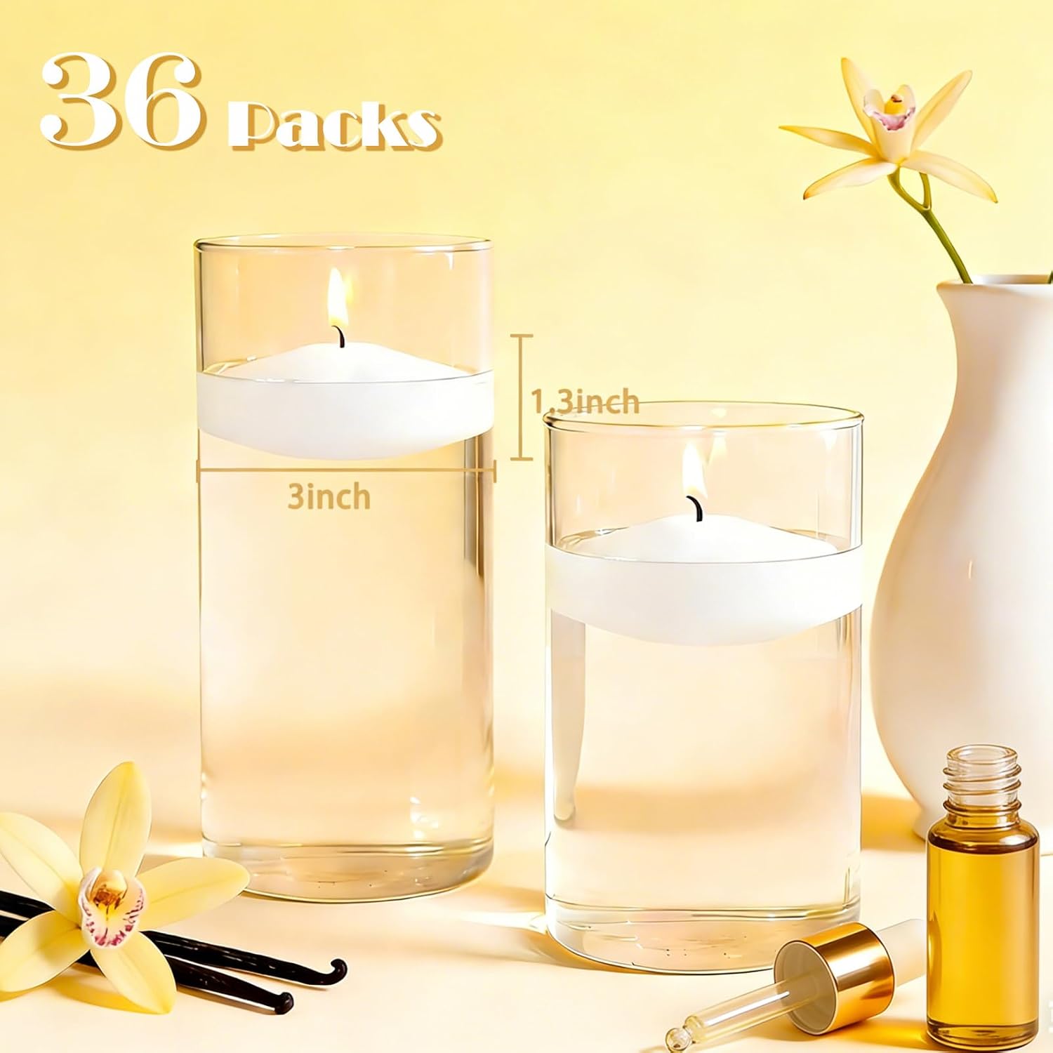 Floating Candles Scented 36 Packs, 3 Inch Floating Candle | Warm Vanilla High Scented, 8-10 Hours Burn Time for Centerpiece, Large Water Candle Floating For Home, Wedding, Pool