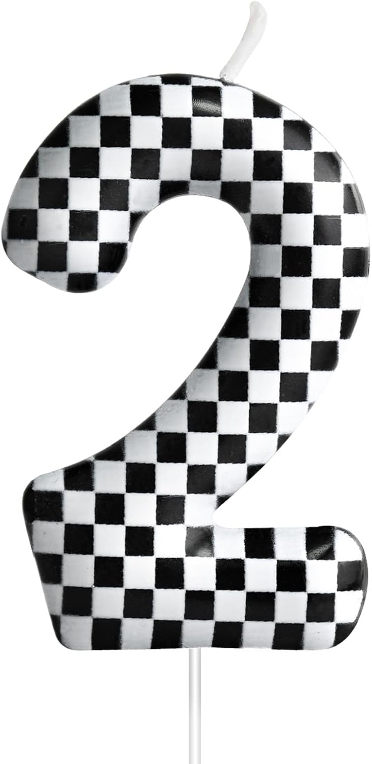 Racing Cars Themed Birthday Candle Number 2 Checkered Candle Birthday Party Decoration Cake Topper for Racing Car Party Decoration Theme Party Supplies (Number 2)