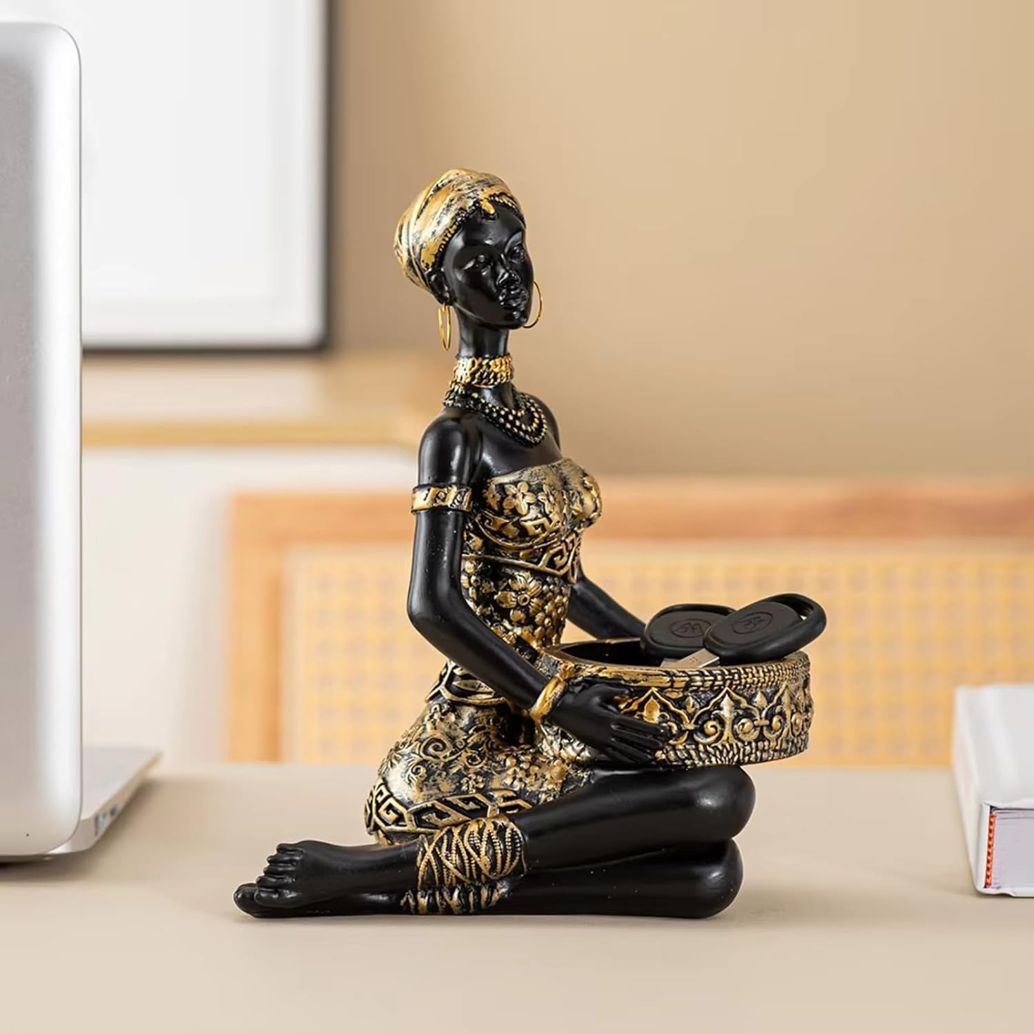 African Tribal Woman Statue Resin Figurine Candlestick Art Sculpture Home Decor Exotic Decor for Living Room Office Storage (A)