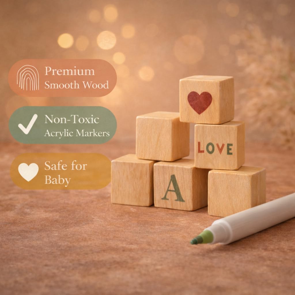 Nolia Baby Shower Blocks Decorating Game – 48 Wooden Cubes to Decorate, Storage Box, 12 Acrylic Markers & Instruction Sign (Natural)