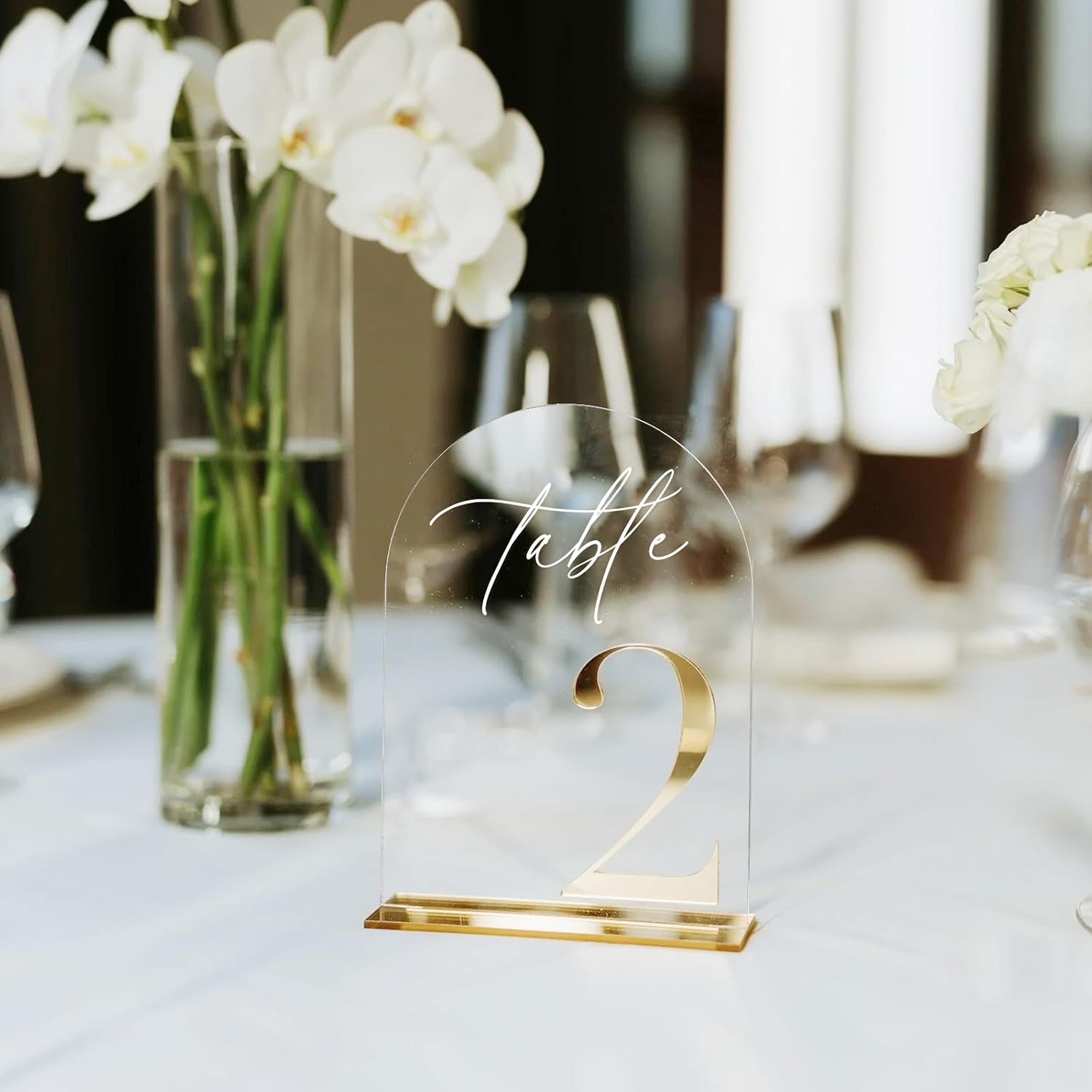 HOODO Clear Arch Wedding table numbers 1-15 with Stands, 5"x7" Arched Acrylic Signs with Gold Mirror Numbers, Clear and Gold Acrylic Table Numbers for Wedding Reception, Party, Anniversary, Event