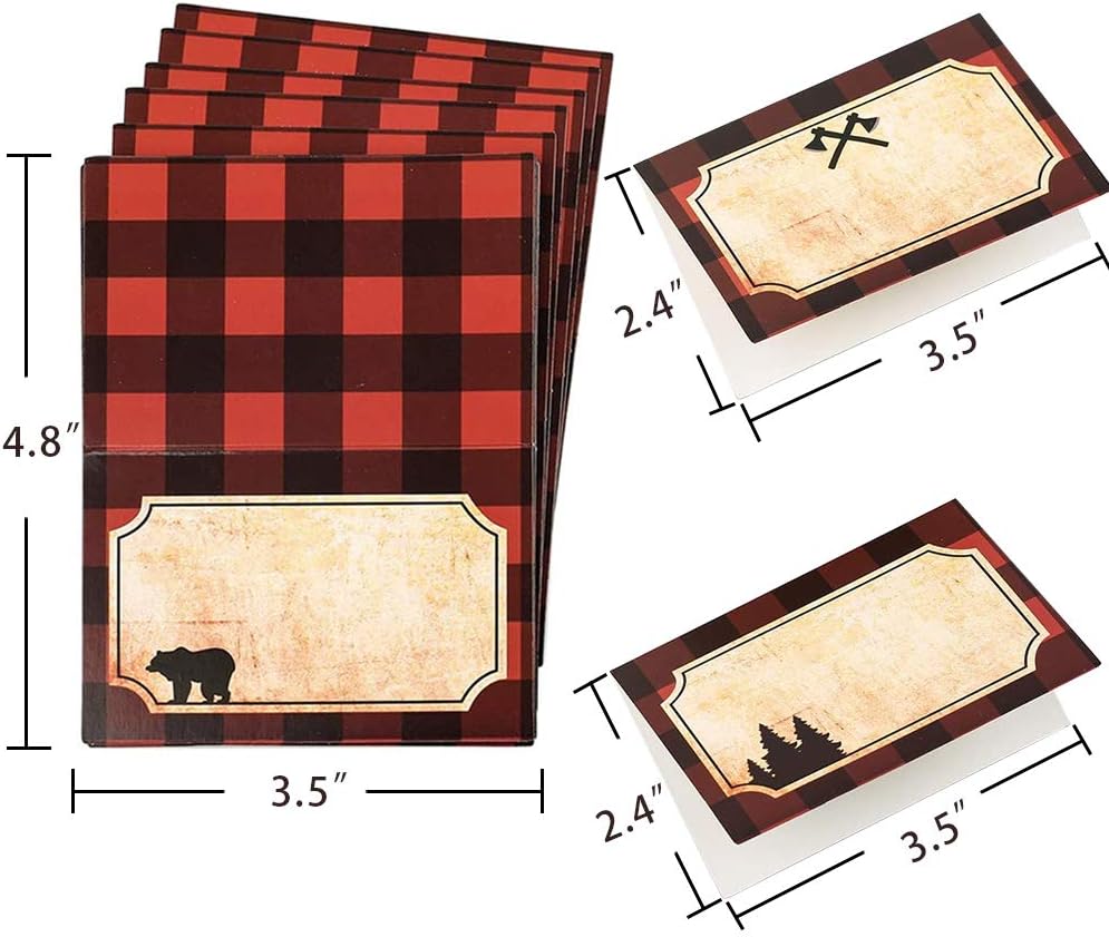 Lumberjack Party Place Cards | Lumberjack Buffalo Plaid Food Tents and Food Labels Decorations, Woodland Baby Shower Party Supplies