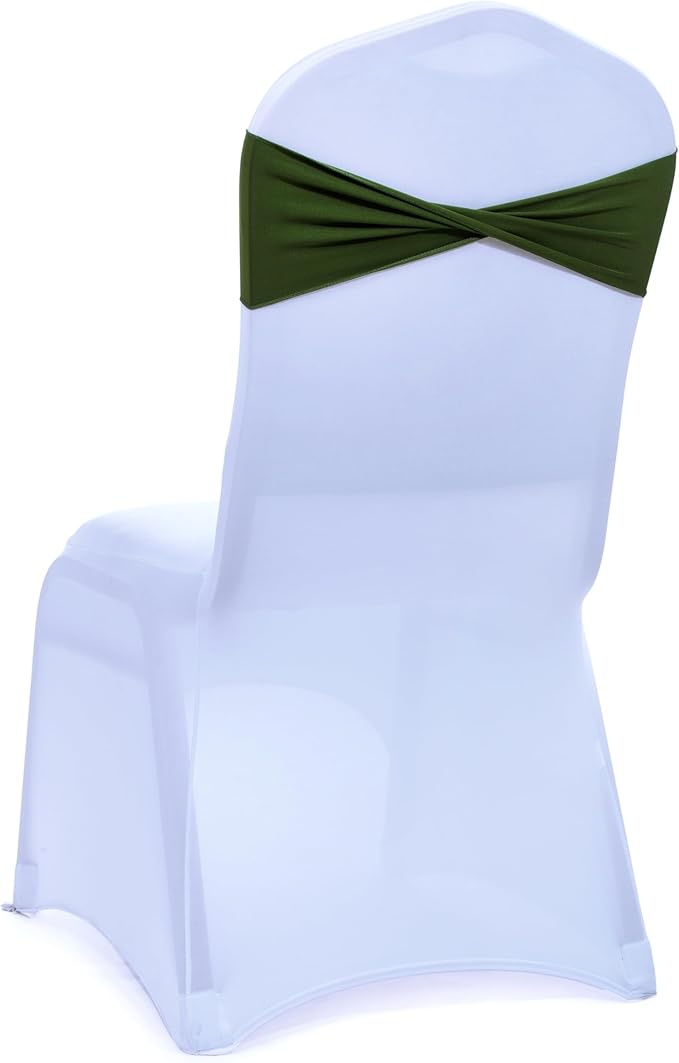 MDS Pack of 50 Spandex Chair Sashes Bows Elastic Stretch Dining Chair Bands Ties Without Slider Buckle Universal fits for Wedding Baby Shower Birthday Party Banquet Event Decoration - Olive Green