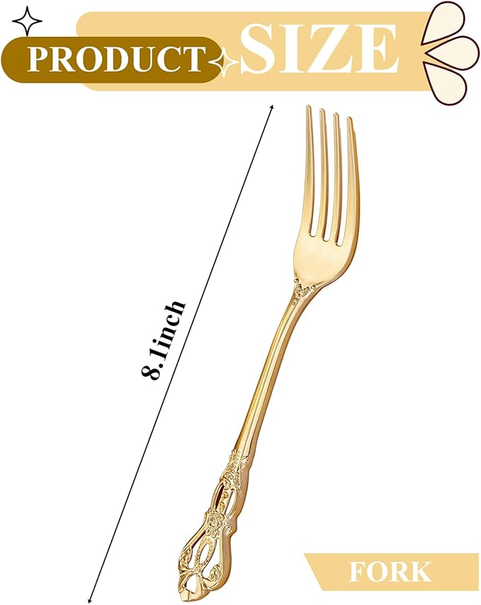 30PCS Gold Plastic Forks - 8.1inch Gold Forks Disposable - Vintage Heavy Duty Dessert Forks - Premium Fancy Plastic Silverware for Parties, Weddings, Dinners and Events