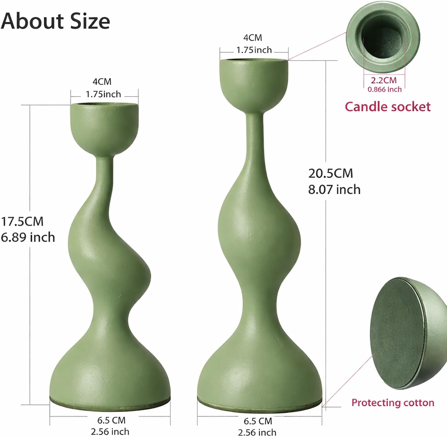 Smtyle Taper Candle Holders Set of 2 Sculptural Cast Aluminum Candlestick Holders, Modern Minimalist Sage Green Candle Stand for Dining Table, Living Room, Shelf Decor