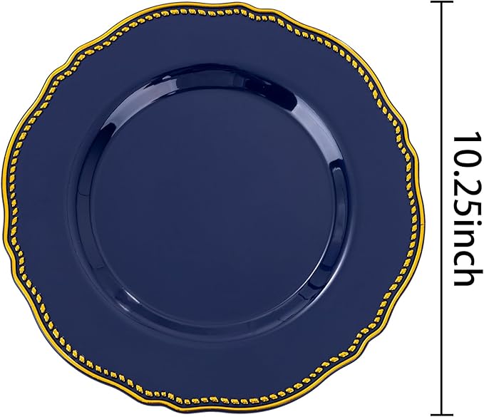 Hioasis 60pcs Blue Plastic Plates - Blue and Gold Disposable Dinnerware with Gold Rim, Heavy-duty, 10.25 inch, Dinner Plates for Party & Wedding