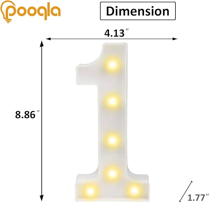 Pooqla LED Light Up Numbers, Warm White and Cool White Decorative Lighted Marquee Numbers, Light Up Numbers for 1st Birthday, Boys Girls, Party, Wedding, Bar, Night Light, Room Decor, Number 1