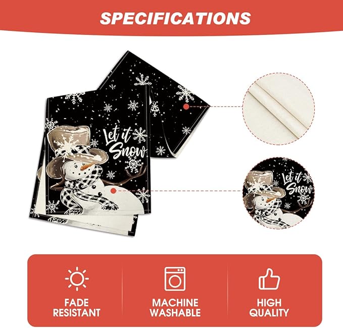 Artoid Mode Black Snowman Snowflake Let it Snow 2PCS Winter Table Runner, Christmas Kitchen Dining Table Decoration for Home Party Decor 13x72 Inch