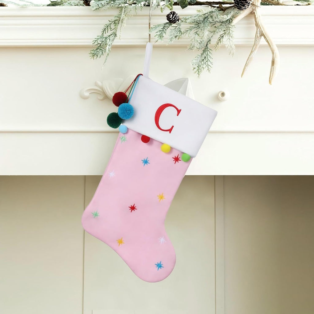 19" Pink Personalized Christmas Stocking—Embroidered Letter-S | Embroidered Fleece Stockings with Stars & Pom Poms, Holiday Fireplace Decor for Xmas Party,Festive Gift