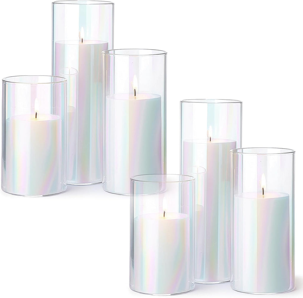 Shihanee Set of 6 Pillar Candles and Glass Cylinder Vases Clear Cylinder CandleHolders for Slim Tall Pillar Candles Wedding Centerpieces (2.8'' X 4.7", 5.9", 7.9",Iridescent)