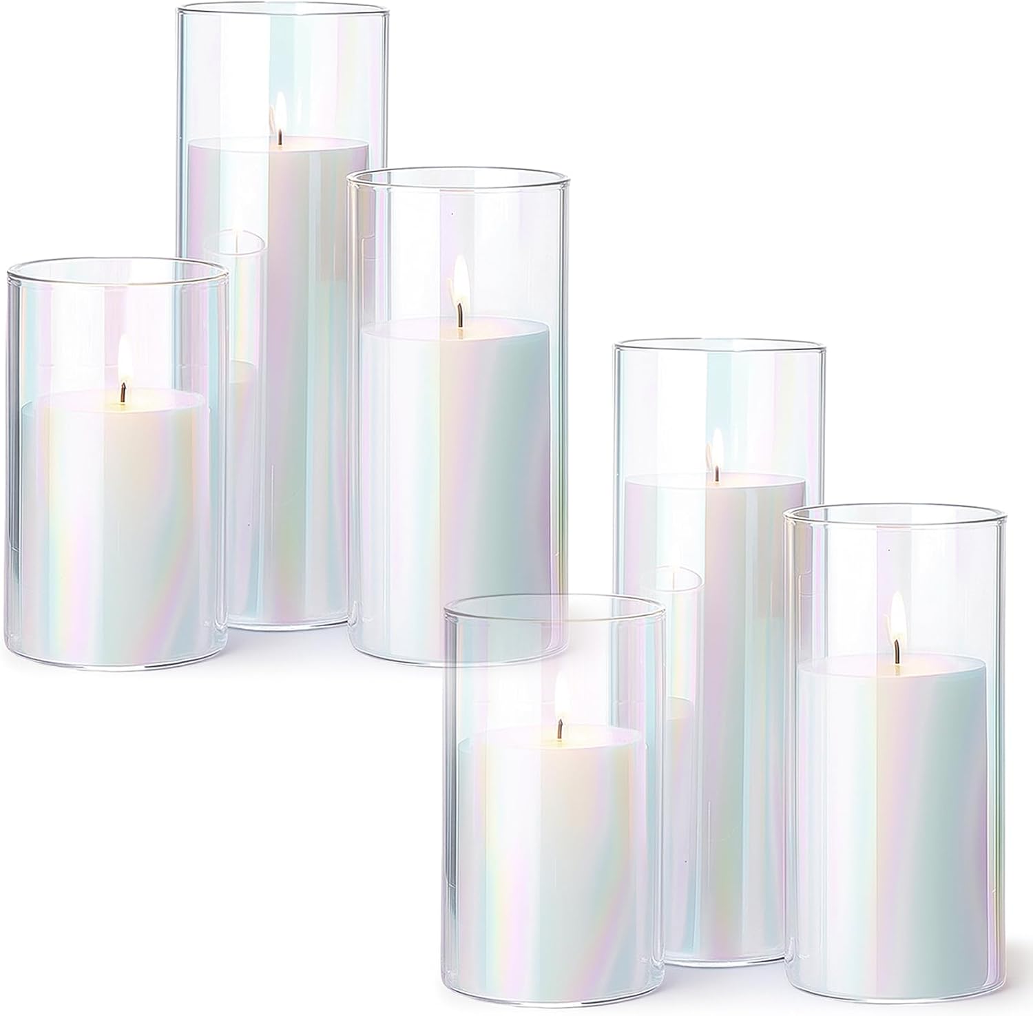 Shihanee Set of 6 Pillar Candles and Glass Cylinder Vases Clear Cylinder CandleHolders for Slim Tall Pillar Candles Wedding Centerpieces (2.8'' X 4.7", 5.9", 7.9",Iridescent)