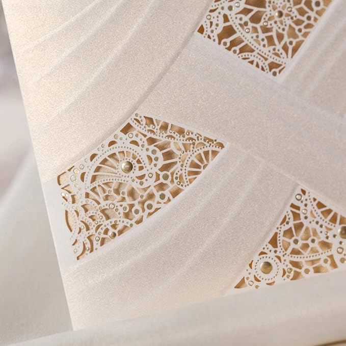 Hosmsua 50PCS Customized Ivory Wedding Invitations Kit 5.12x7.2 Inch Laser Cut Gold Foil Hollow Flora Lace Sleeve Pocket Wedding Quinceanera Invitation with Envelopes