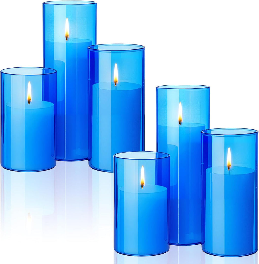 Shihanee 6 Sets/ 12 Pcs Blue Glass Cylinder Holders for White Pillar Candles Clear Cylinder Vases for Slim Pillar Candles Christmas Table Centerpieces, 2.8'' x 4.7", 5.9", 7.9"