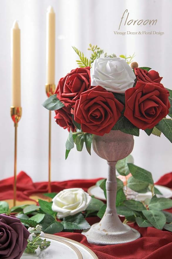 Floroom Artificial Flowers 50pcs Real Looking Dark Red Foam Fake Roses with Stems for DIY Wedding Bouquets Bridal Shower Centerpieces Floral Arrangements Party Tables Home Decorations