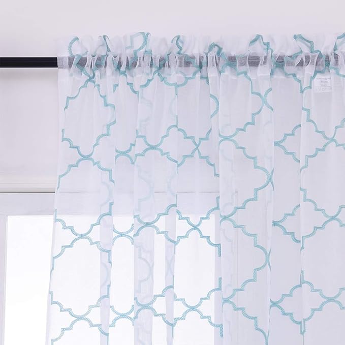 Embroidery Sheer Curtains Blue 63 Inch, Rod Pocket Voile Drapes for Living room, Bedroom, Window Treatments Moroccan Embroidery Semi Crinkle Curtain Panels for Yard, Patio, Villa, Set of 2, 52"x 63".