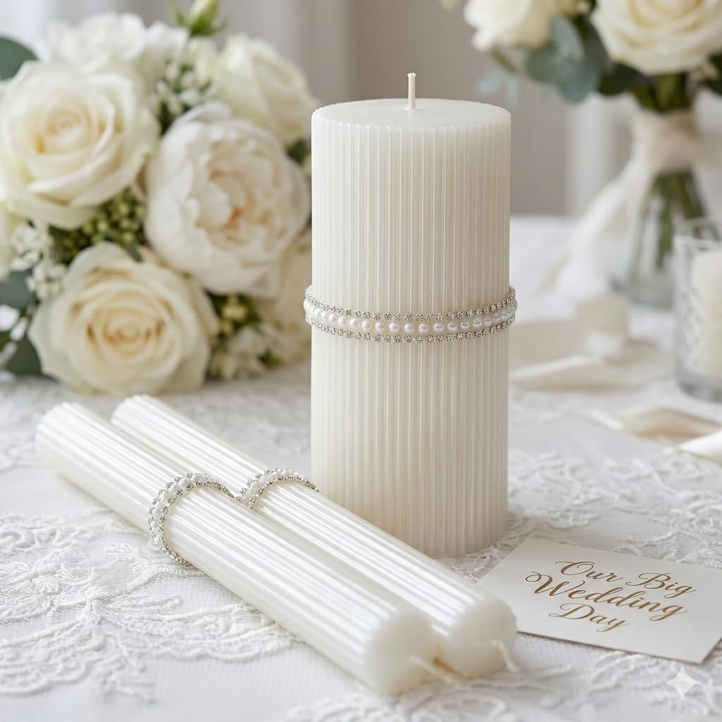 Unity Candle Set - Wedding Ceremony & Reception – 6” Pillar & Two 10” Taper Candles – Long Burning Unity Candles for Marriage Ritual & Home Decor– Handmade in USA – King|White