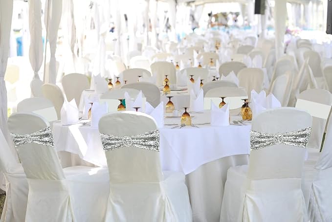 10 Pcs Chair Sashes Sequin Stretch Chair Bands Spandex Polyester Bows for Party Hotel Wedding Banquets Decoration -Silver