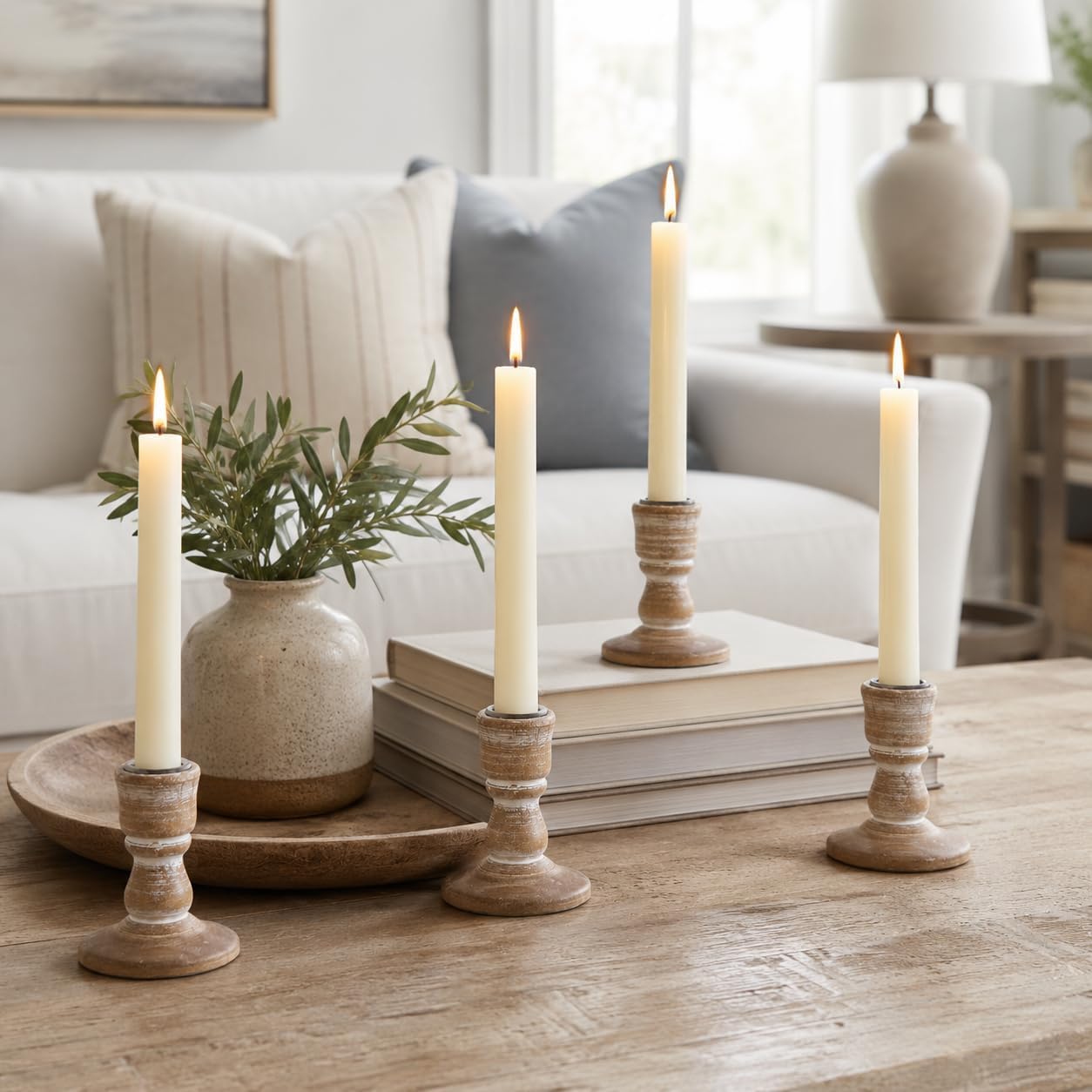 Wooden Taper Candle Holders: Rustic Farmhouse Decor, Set of 4 | Distressed Finish, Solid Wood Candlestick Holders for Fall Mantel, Dinning Table Centerpiece, Living Room, Thanksgiving