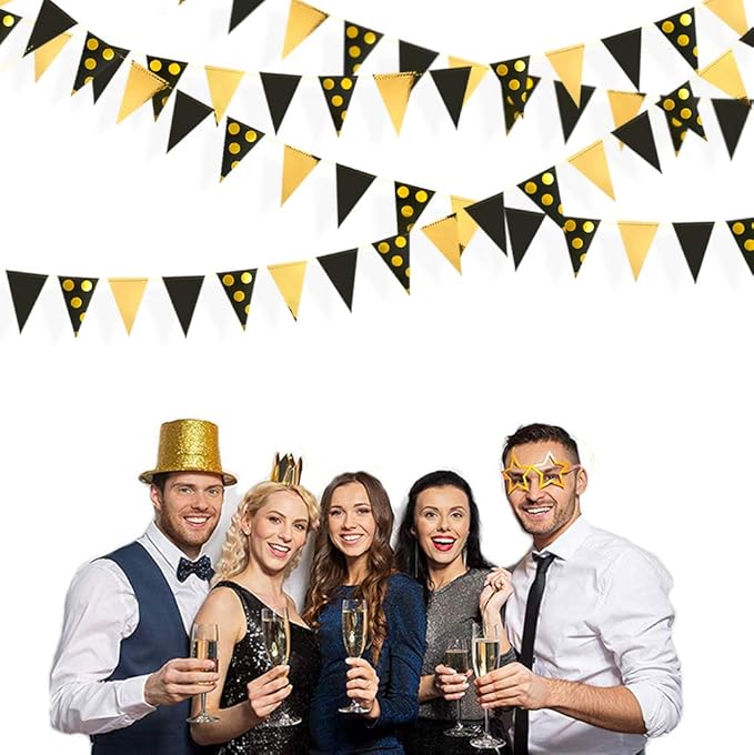 30Ft Black Gold Party Decorations Polka Dot Pennant Banner Paper Circle Dot Triangle Flags Bunting Garland for Wedding Bridal Shower Birthday Bachelorette Engagement Anniversary Holiday Party Supplies
