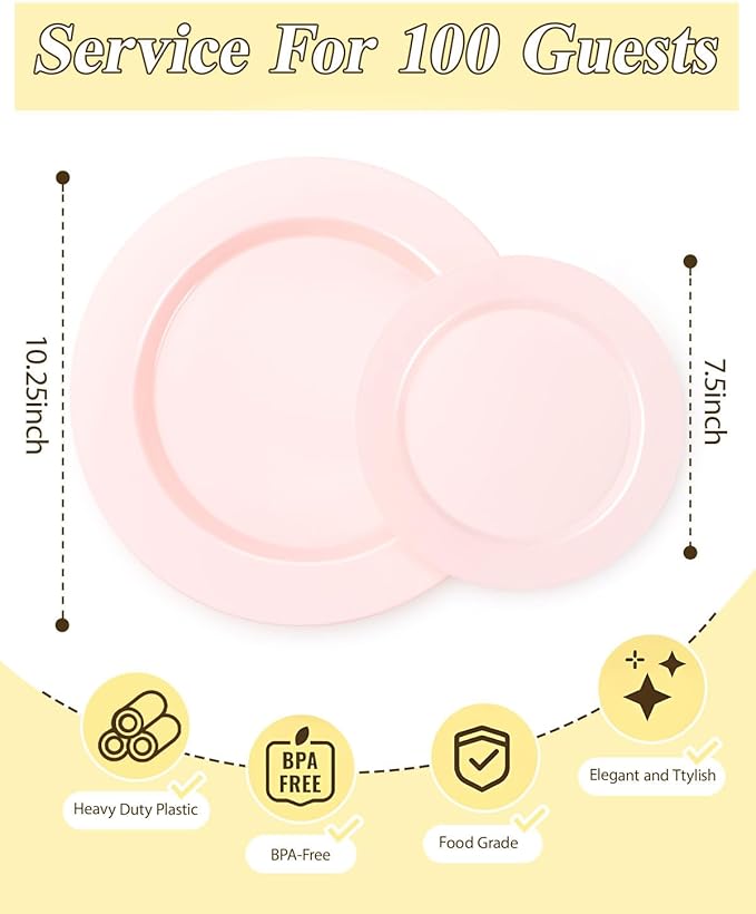 200PCS Pink Plastic Plates Set, 100 10.25 inch Dinner Plates and 100 7.5 inch Dessert Plates, Premium Disposable Plates for Party, Wedding