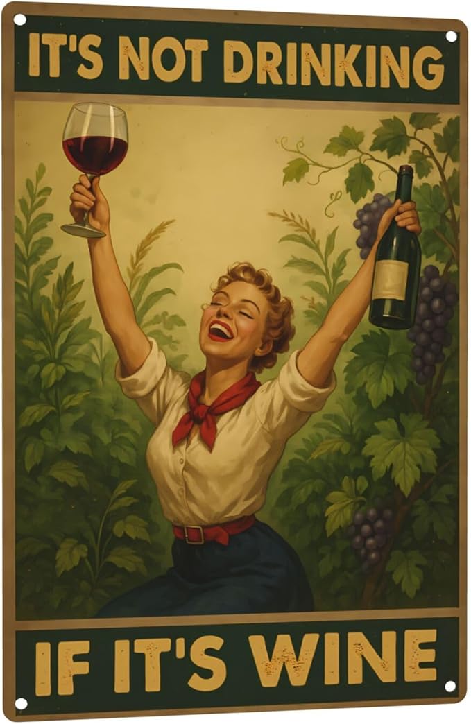 Funny Wine Aluminum Sign - "It's Not Drinking If It's Wine" - Vintage Metal Wall Decor for Bar, Kitchen, or Home - 8"x12"
