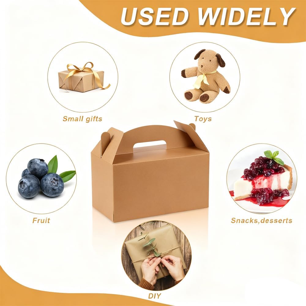 Grevo Brown Treat Box with Handle, 12Pcs, 9.45"x5"x5" Durable & Sturdy Cardstock Gable Boxes for Wedding, Baby Shower, Kids Birthday, Party Favor, Holidays Gifts