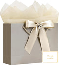 JMANNI Gift Bags with Handles, 13” Medium Gift Bag for Presents, 1 Pcs Bags with 2 Tissue Paper and 1 Cards for Graduation Baby Shower Wedding Fathers Day Mother's Day Birthday Party（champagne gold）
