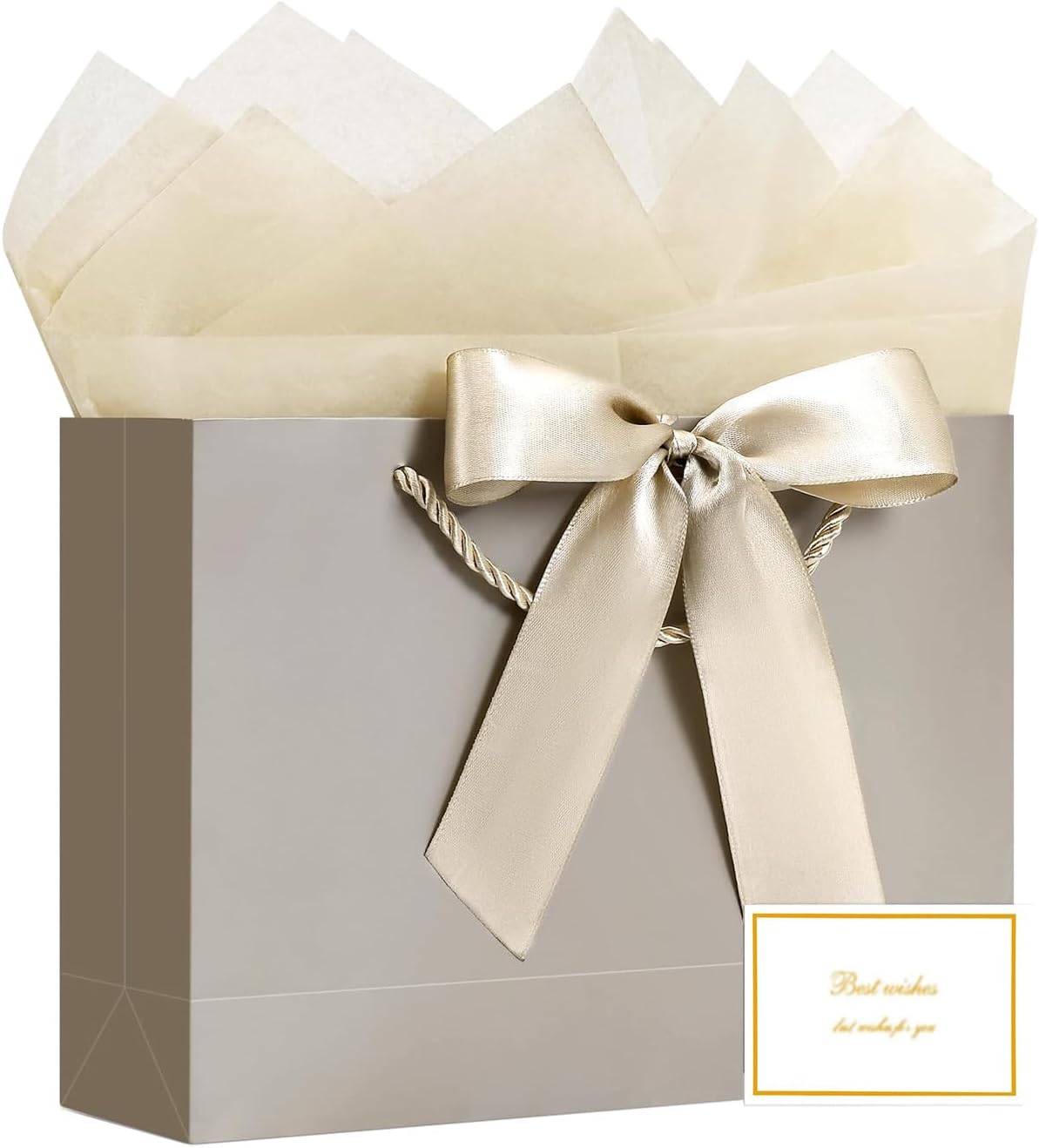 JMANNI Gift Bags with Handles, 13” Medium Gift Bag for Presents, 1 Pcs Bags with 2 Tissue Paper and 1 Cards for Graduation Baby Shower Wedding Fathers Day Mother's Day Birthday Party（champagne gold）