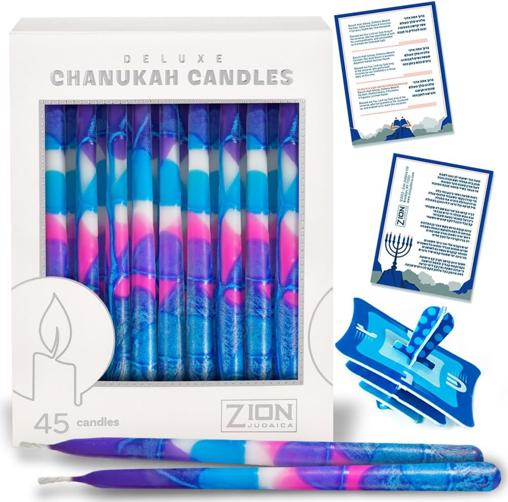 Girls Puprle & Pink Hanukkah Candles Set of 45 Multi-Hued Frosted Thin Tapered Chanukah Candles 1 Hour for Hanukah with DIY Dreidel & Candle Lighting Blessings