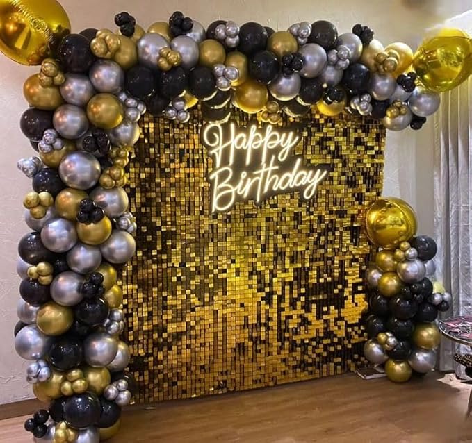 Qcity Gold Shimmer Wall Backdrop 36PCS, Black Back Not See-Through Design, Square Sequin Glitter Backdrop Panel, Perfect for Outdoor Events, Birthdays, Wedding and Party Decoration
