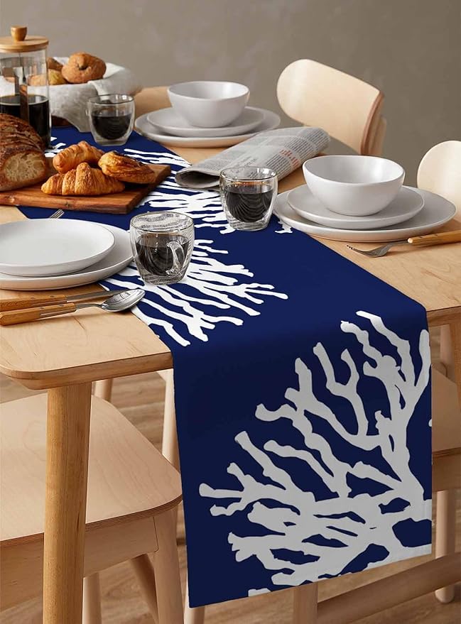Coastal Coral Cotton Linen Table Runner for Dining Kitchen, Wedding Outdoor Party Tablerunners Decoration, Navy Blue Nautical Ocean Beach Dresser Scarf Coffee Tablecloth Runners 13x48 Inches