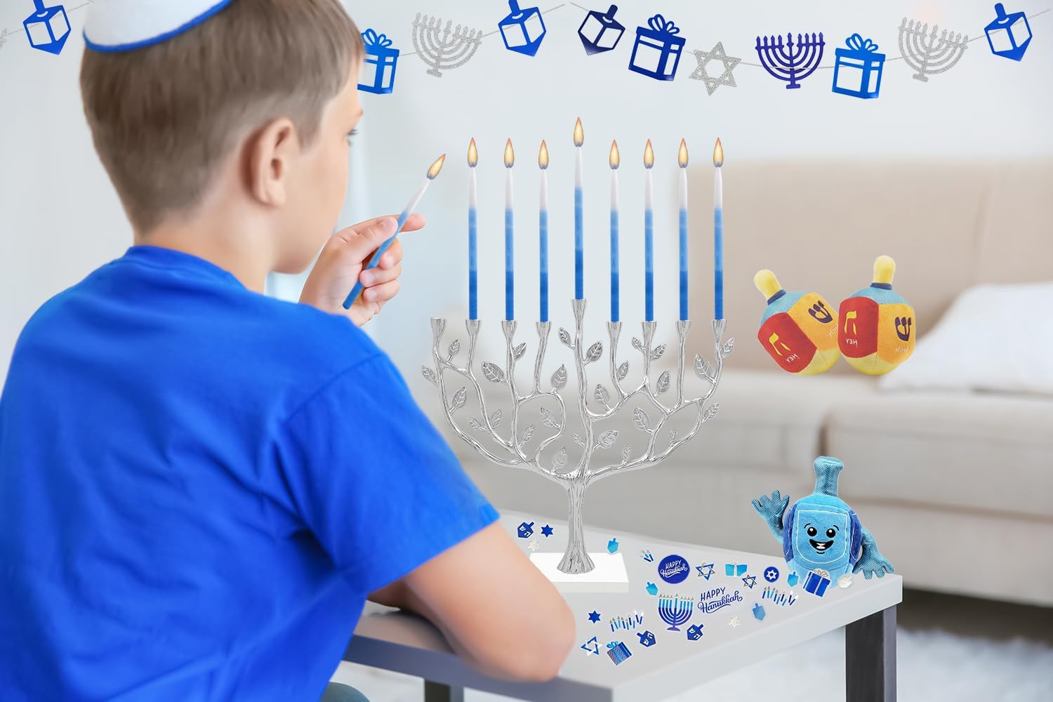The Dreidel Company Dripless Deluxe Tapered Pastel, Blue and White Decorations, 1-Hour Burn Time Hanukkah Menorah Candles for All 8 Nights of Chanukah