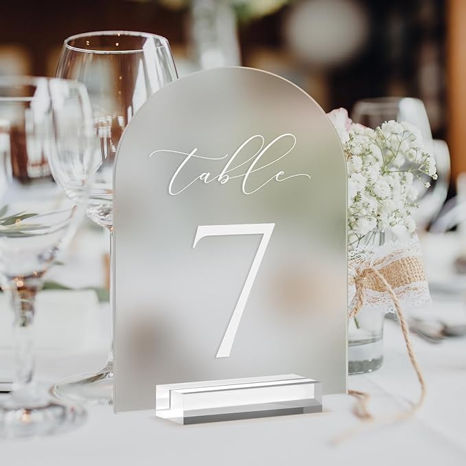 JINMURY Frosted Arch Table Numbers for Wedding, 5x7 Inch Acrylic Table Numbers 1-25 with Stands, Frosted Acrylic Arch Tabletop Sign with Holder for Centerpiece, Reception, Wedding, Party, Event