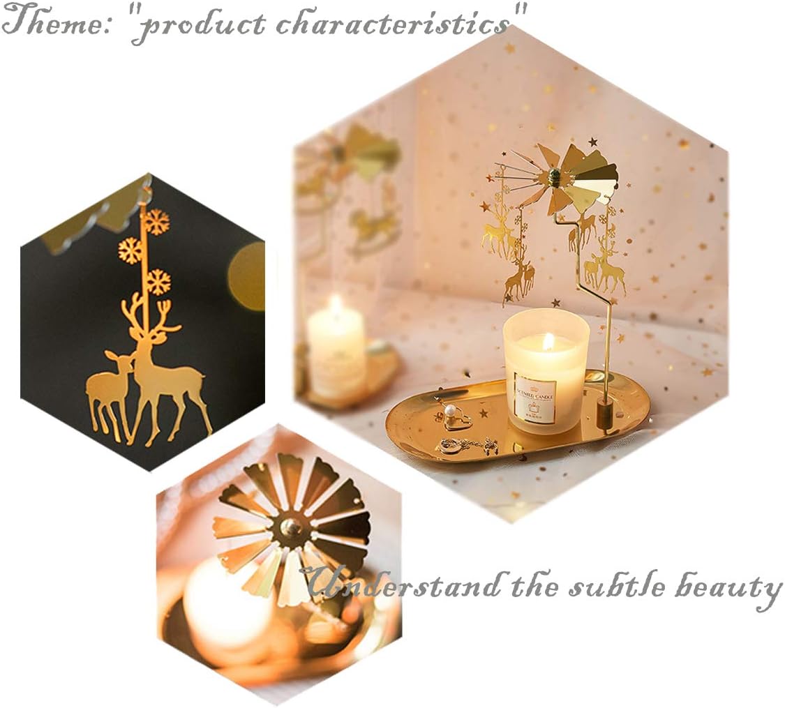 UCINNOVATE Christmas Spinning Candle Holder,Deer Rotating Candlestick Set for Candle Lover, Romantic Wedding, Christmas Party, Fireplace Decor, Home Table Decorations, Holiday Favor Gift(Golden)