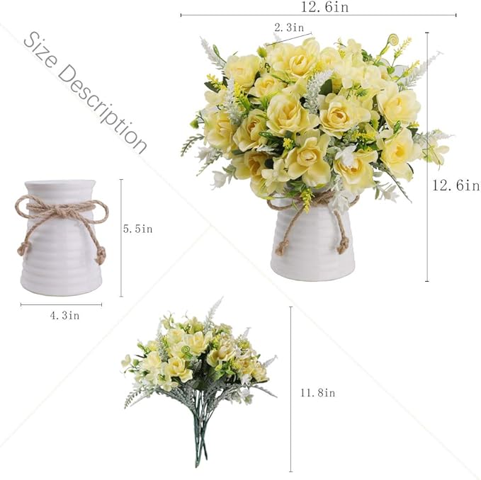 LESING Artificial Flowers with Vase for Table Centerpieces,Fake Silk Gardenia Flower in Vase Decoration for Home Office Party (Champagne)