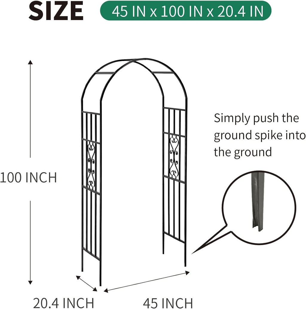 metal garden archway, 100"h x 45"w curved arbor showing dimensions