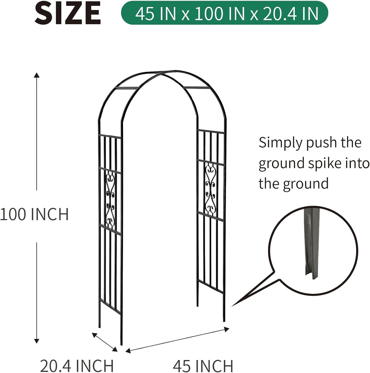 metal garden archway, 100"h x 45"w curved arbor showing dimensions
