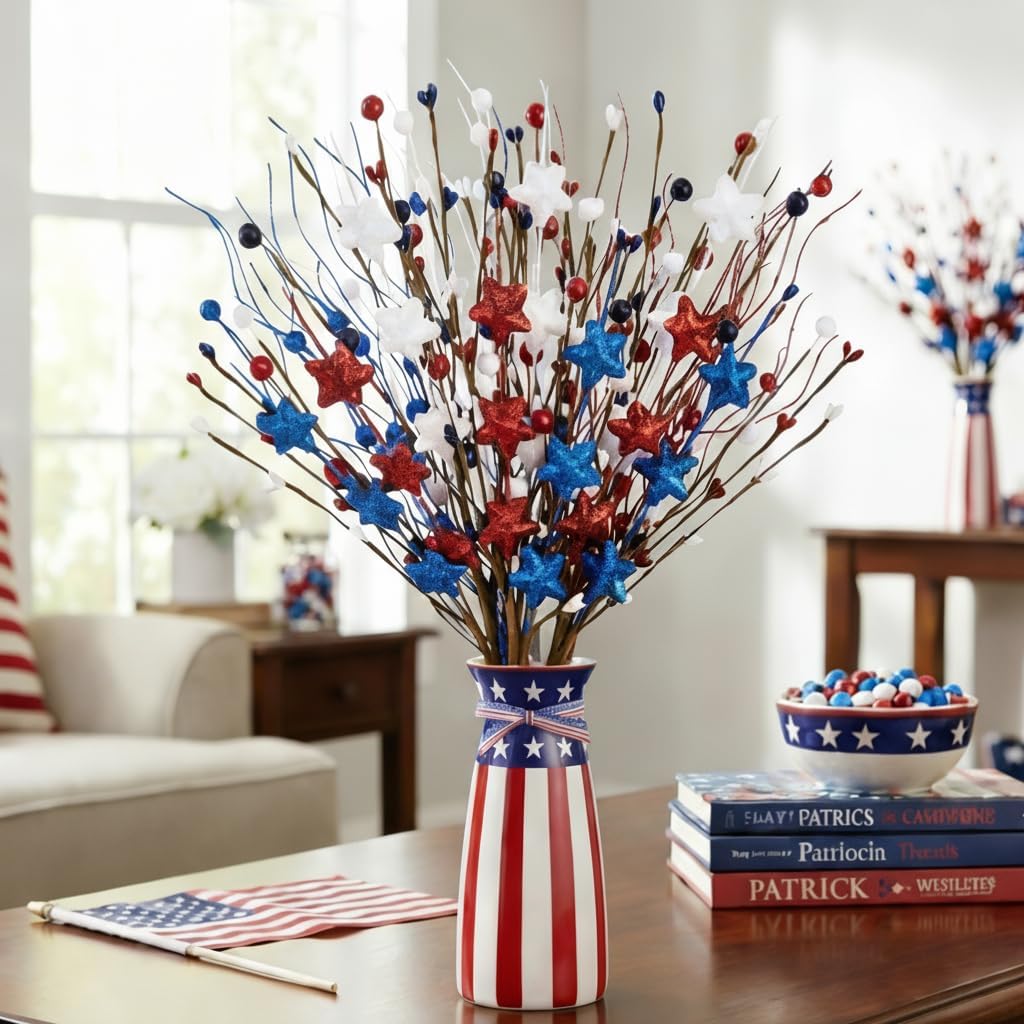 6 Pack 4th of July Patriotic Artificial Berry Stem Picks Red White and Blue Stars Flowers Decoration for Independence Day, Pentagram Faux Berry Branches for Home Office Restaurant Vase Decor