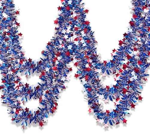 4th of July Red White Blue Star Tinsel Garland - 33 Ft Memorial Day Patriotic Decoration Independence Day Metallic Tree Garland Glitter Tinsel Hanging Twist for Veterans Day Decor