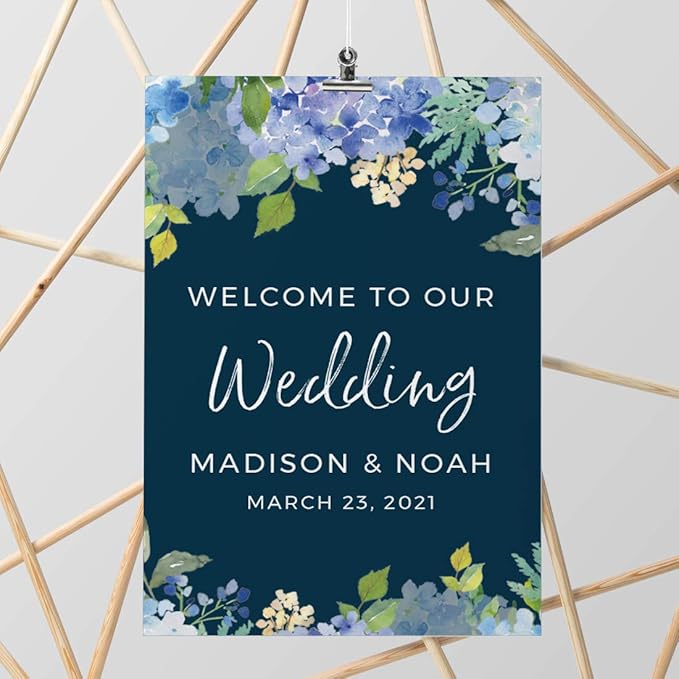 Andaz Press Personalized Extra Large Wedding Easel Board Party Sign, 12x18-inch, Baby Blue Hydrangea Floral Flowers on Navy Blue, Welcome to Our Wedding Bride Groom Name Date, 1-Pack, Custom