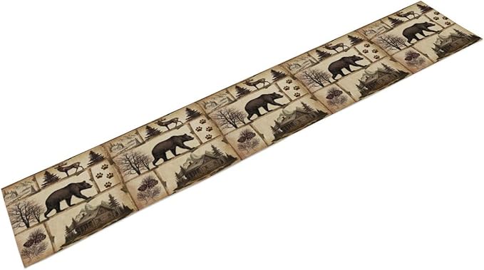 Rustic Cabin Table Runner, Retro Moose Cone Deer Bear Farmhouse Lodge Table Runner for Dinner Living Room Kitchen Vintage Country Cottage 13x120 Inch