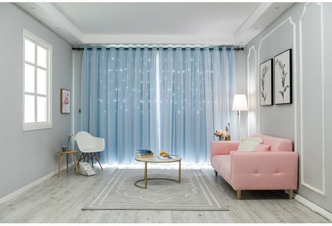 FANLI 2 Panels Star Blackout Curtains for Kid Girls Bedroom Living Room Darking Stripe Double Layer Star Cut Out Wall Home Decor Gradient Grommet Window Curtains (Blue 72L)