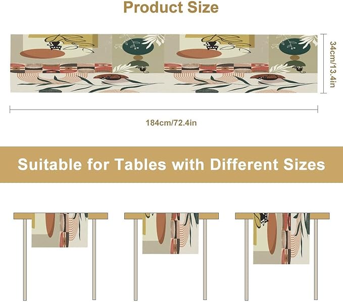 Mid Century Table Runner,Abstract Boho Plant Leaf Botanical Cat Modern Geometric Pattern Print Burlap for Hotel Indoors Outdoor Dining Room Kitchen Home Decor, 13x108in