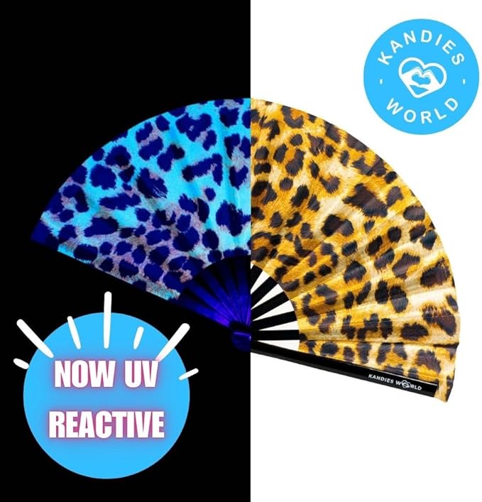 Kandies World UV Reactive Custom Festival Folding Hand Fan - Unique Designs, Made of Bamboo, Clacking Sound, Lightweight - Perfect Rave and Festival Accessory!