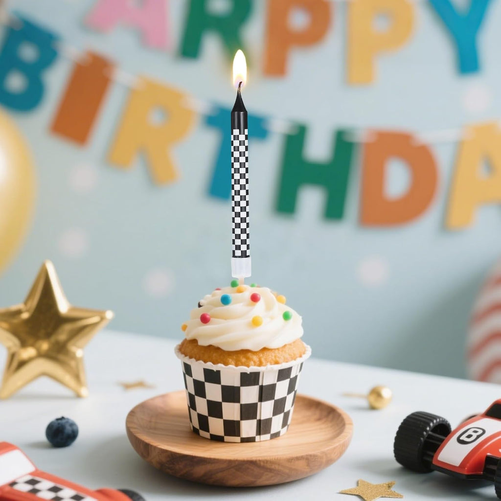 12Pcs Race Car Birthday Candles Cake Topper for Birthday Party Decorations | Black and White Checkered Flag Themed Cupcake Topper for Racing Birthday Decorations Party Supplies