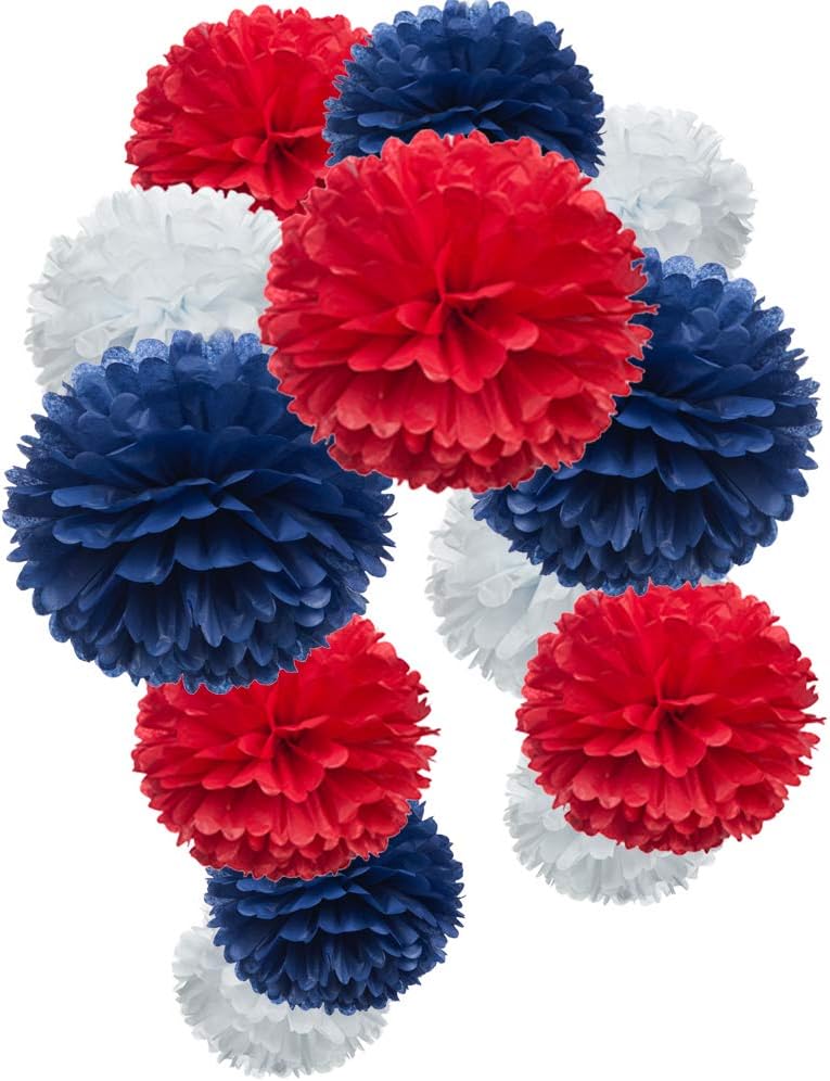 Paper Flower Tissue Pom Poms Party Supplies (red,Royal Blue,White,12pc) | birthday graduation wedding 4th july independence day patriotic retirement new year day party decoration