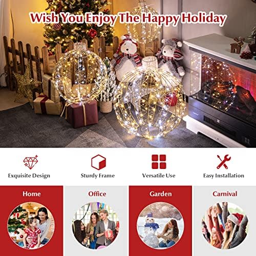 tangkula 3 pack christmas led lighted balls, metal, front angle view